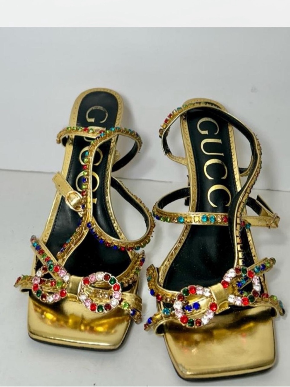 Gold Multicolor Crystal Bow Strappy Heels
